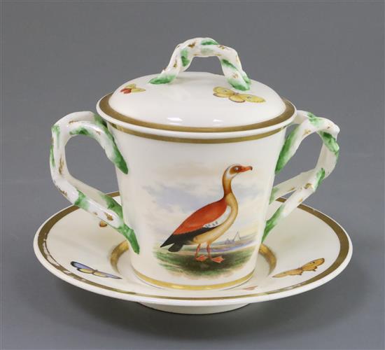 A rare Rockingham porcelain ornithological cup, cover and stand, c.1826-30, H. 14cm, faults